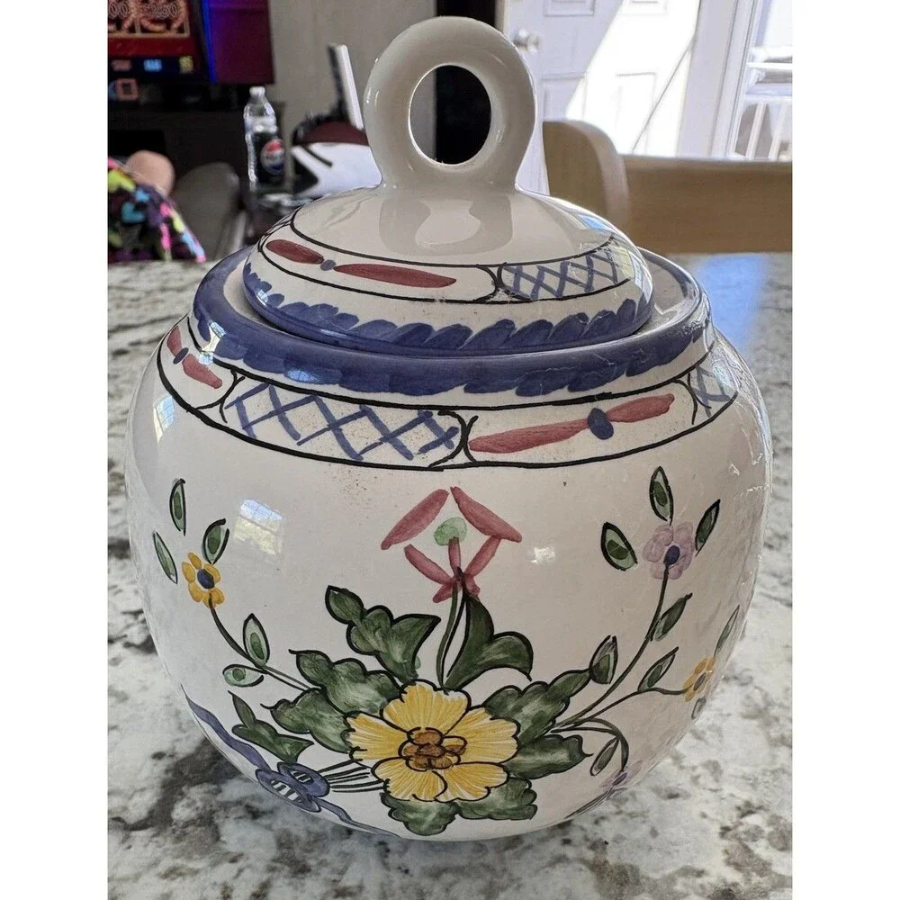 Vintage Tiffany & Co Lisbon Portugal Hand Painted Floral Pottery Sugar Bowl Lid